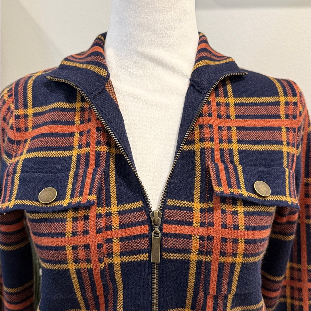 Rachel Zoe Plaid Zip Front Sweater Jacket Shacket Navy Blue Orange NWOT XS - Picture 4 of 16